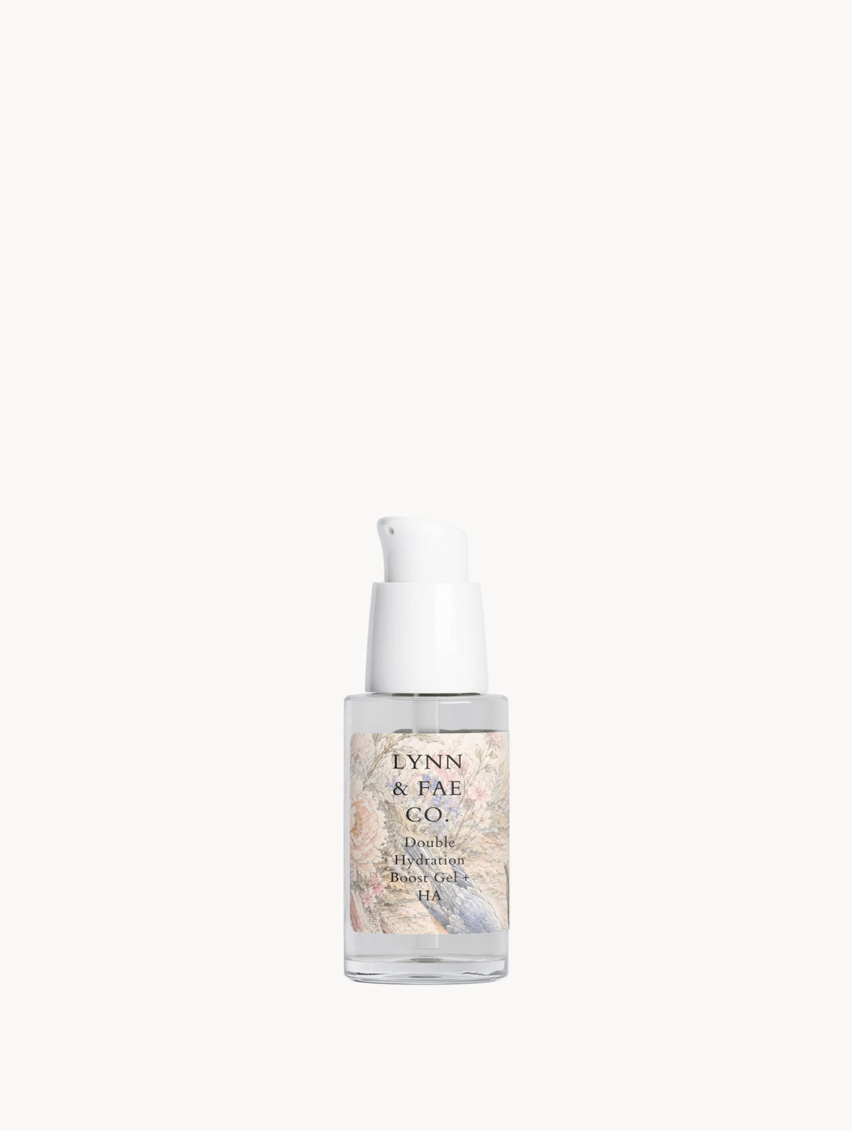 A small clear bottle of Lynn & Fae Co Double Hydration Beauty Gel with a white pump dispenser and a delicate floral label, set against a solid light gray background.