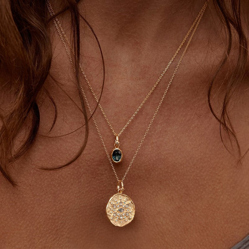 Gold geometric oval inlaid birthstone gemstone necklace