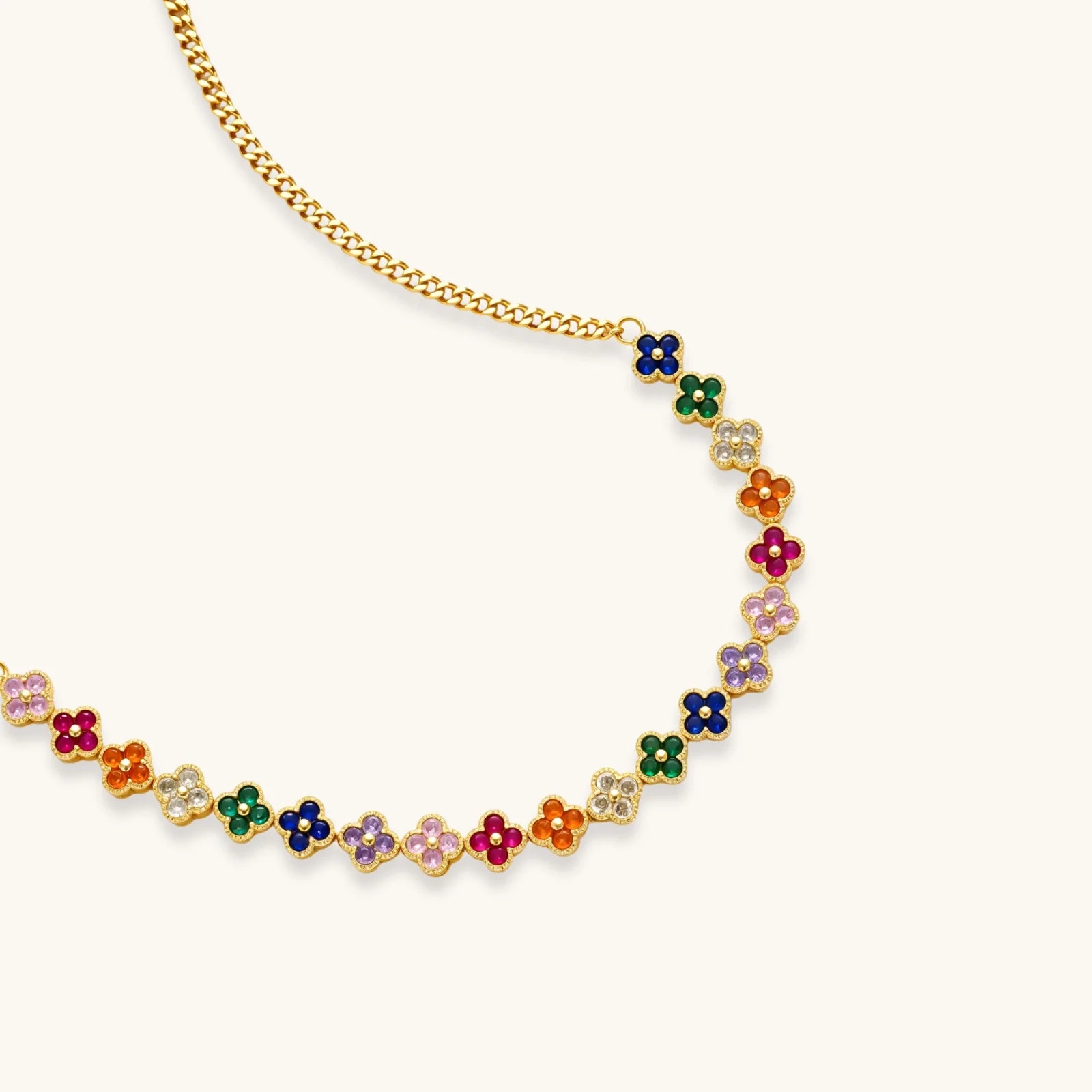 Necklace with colorful flower-shaped pendants on a white background