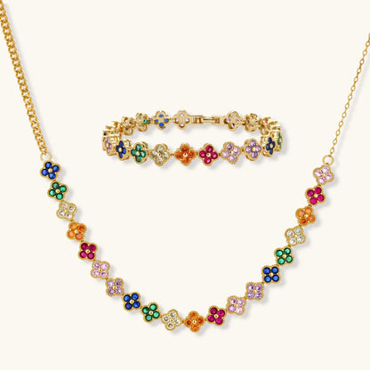 Colorful floral necklace and bracelet set on a white background