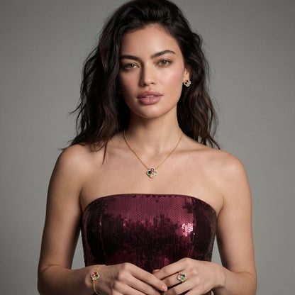 Woman wearing a strapless red sequin dress with jewelry on a gray background