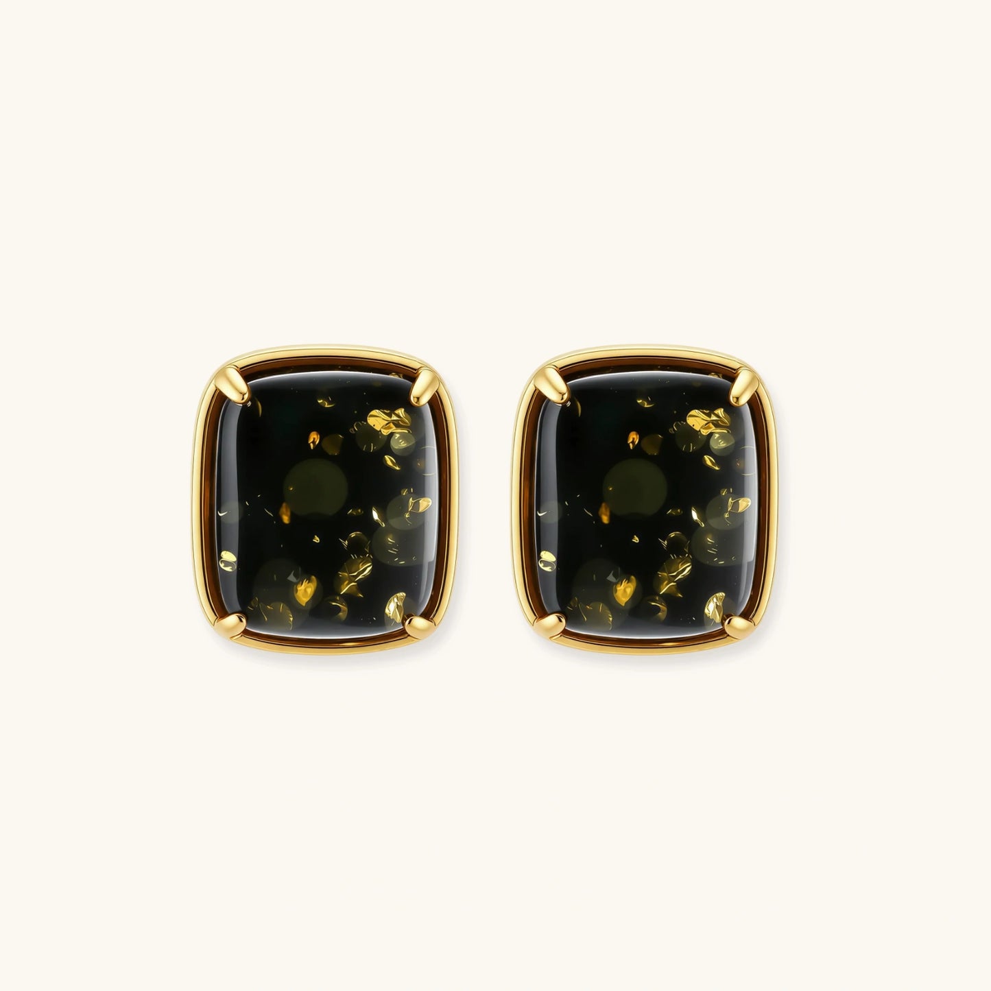 Elegant cushion-cut green amber earrings with golden inclusions in 18K gold-plated sterling silver settings.