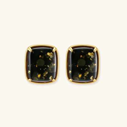 Elegant cushion-cut green amber earrings with golden inclusions in 18K gold-plated sterling silver settings.