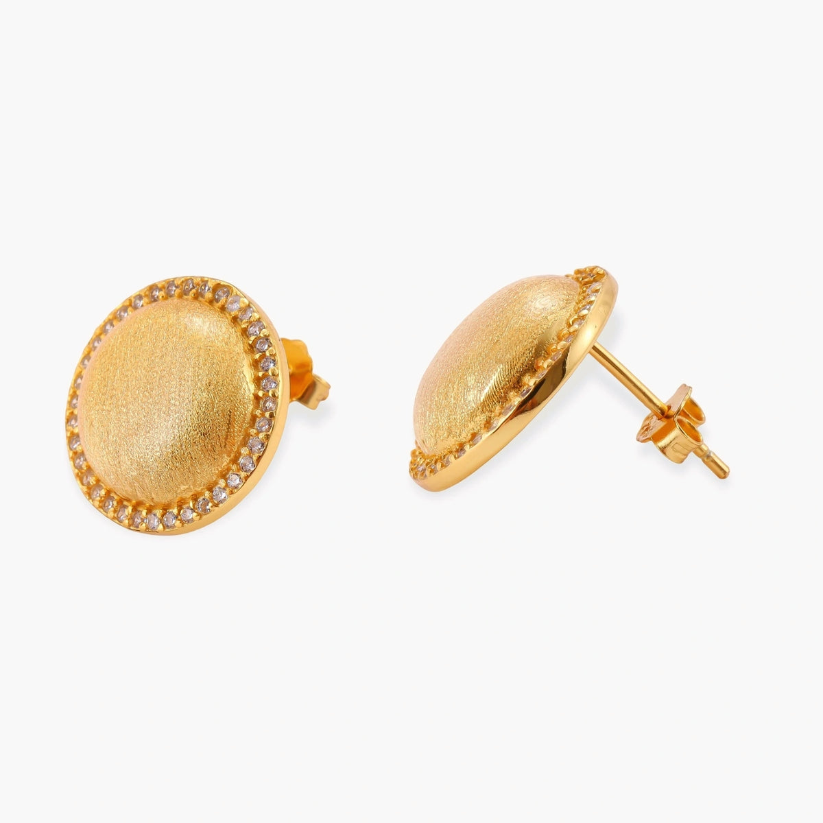 Pair of round dome stud earrings in brushed 18K gold-plated silver with a sparkling CZ halo border, push-back closure.