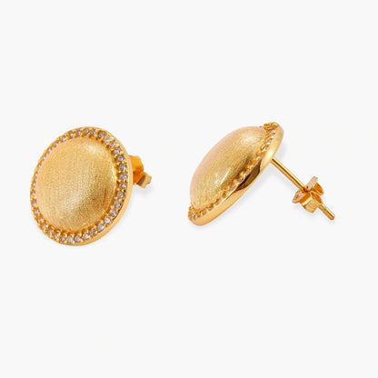 Pair of round dome stud earrings in brushed 18K gold-plated silver with a sparkling CZ halo border, push-back closure.