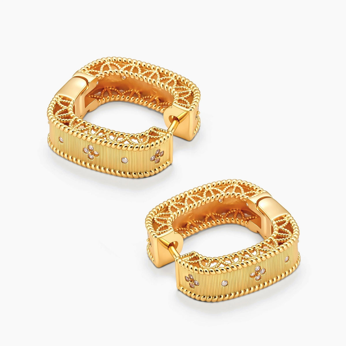 Square huggie hoop earrings in 18K gold-plated silver with ribbed texture, rope borders, floral CZ clusters, and filigree inner lace.
