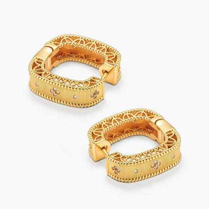 Square huggie hoop earrings in 18K gold-plated silver with ribbed texture, rope borders, floral CZ clusters, and filigree inner lace.