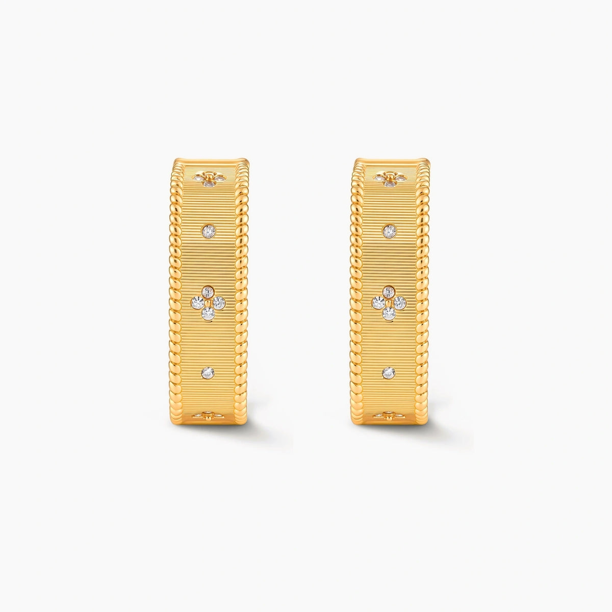 Square huggie hoop earrings in 18K gold-plated silver with ribbed texture, rope borders, floral CZ clusters, and filigree inner lace.