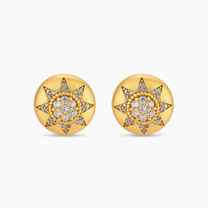 Round domed gold-plated stud earrings with brushed finish and an 8-point star paved in cubic zirconia stones.