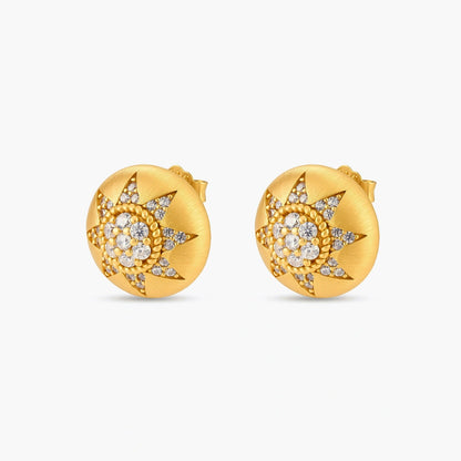 Round domed gold-plated stud earrings with brushed finish and an 8-point star paved in cubic zirconia stones.