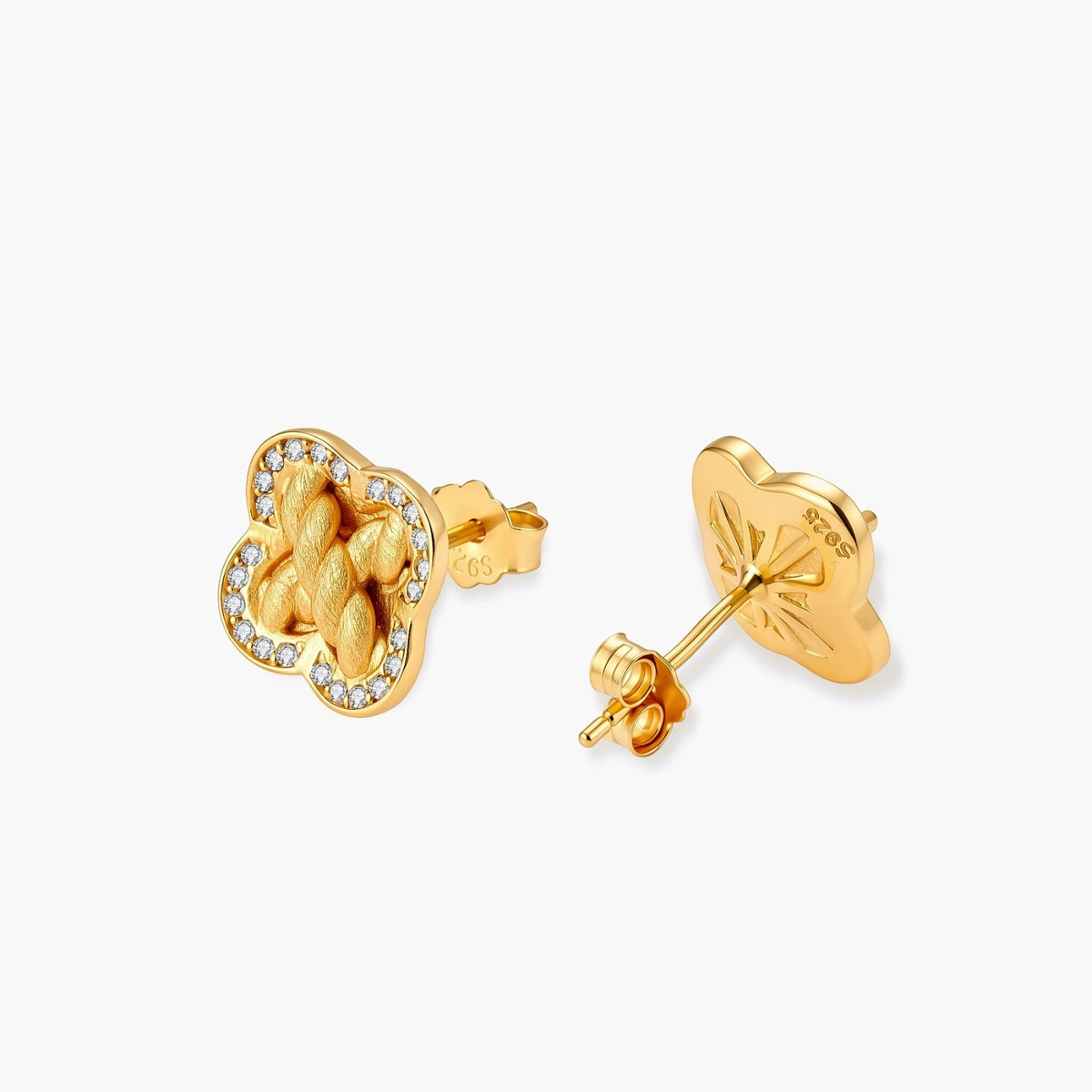 Gold-plated 925 silver clover stud earrings with brushed braid center and CZ stone border, 12mm, push-back closure.