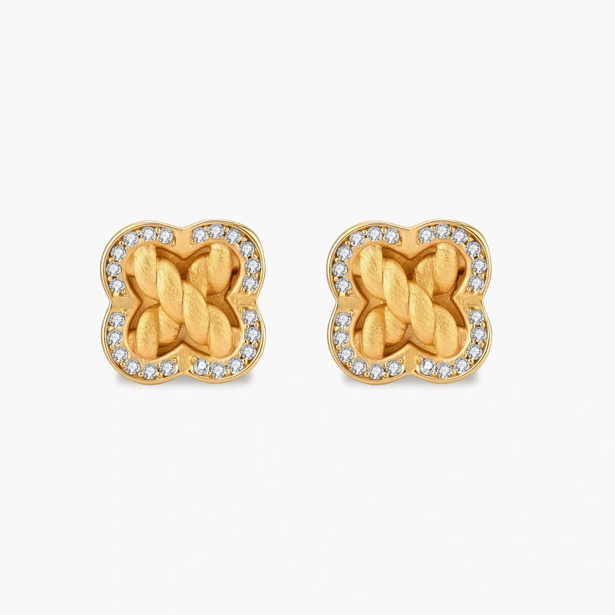 Gold-plated 925 silver clover stud earrings with brushed braid center and CZ stone border, 12mm, push-back closure.