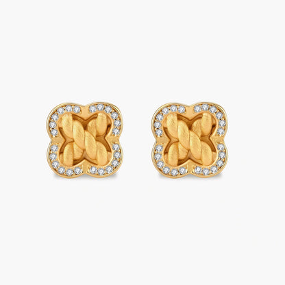 Gold-plated 925 silver clover stud earrings with brushed braid center and CZ stone border, 12mm, push-back closure.