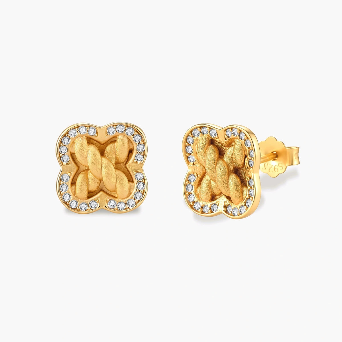 Gold-plated 925 silver clover stud earrings with brushed braid center and CZ stone border, 12mm, push-back closure.