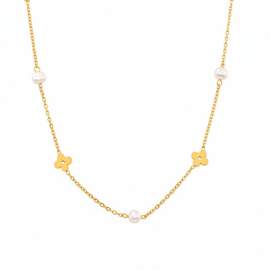 Gold Pearl and Flower Elegant Necklace