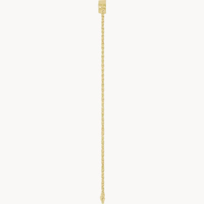 A delicate gold chain earring extension with a small rectangular top and a pointed drop end, shown against a plain white background.