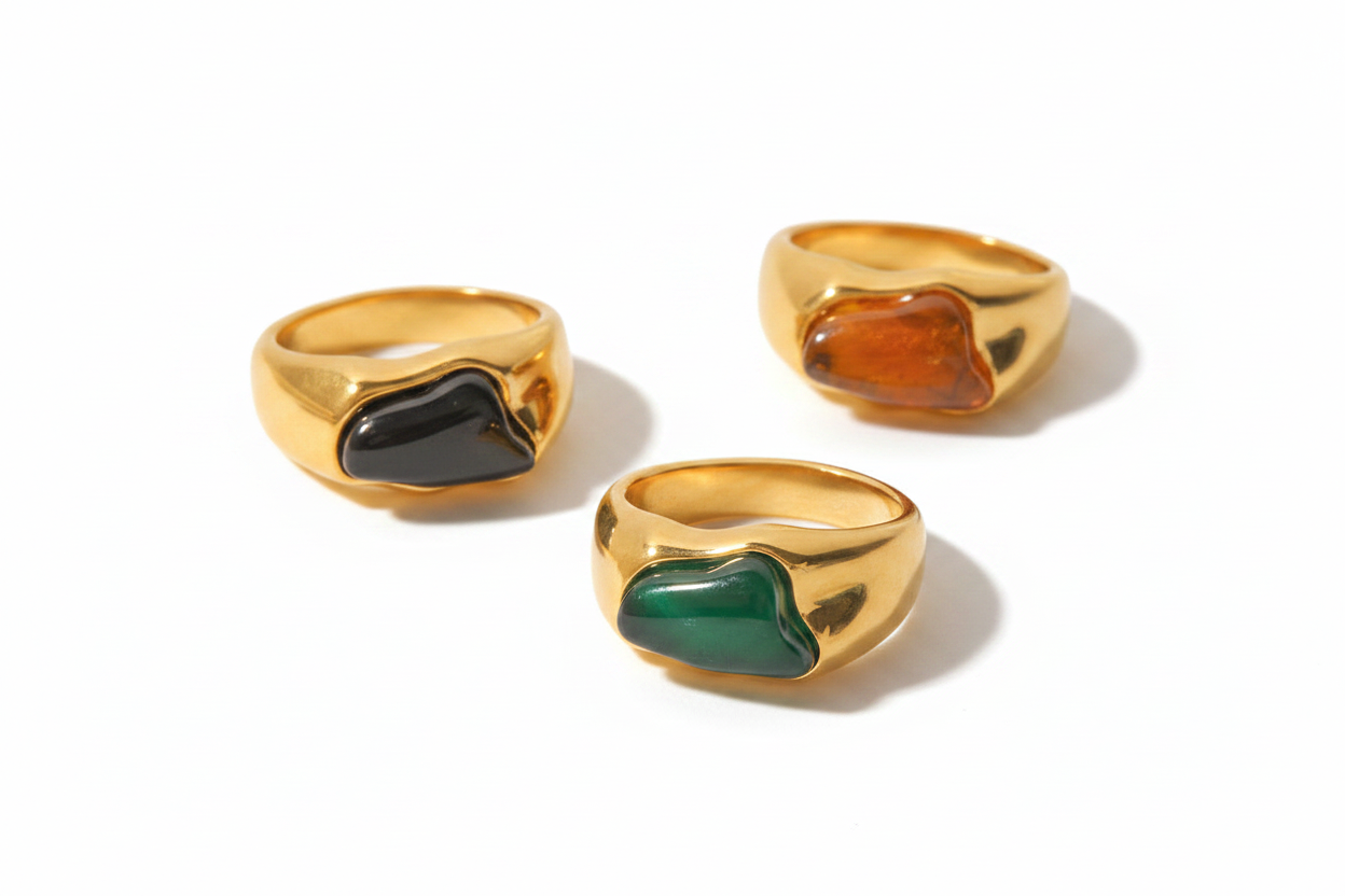Gold Plated Black/Green/Brown Natural Stone Ring