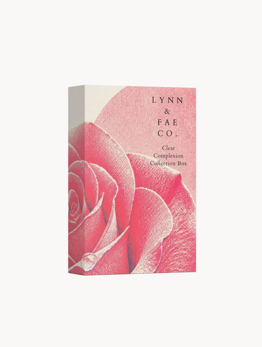 A tall rectangular collection box for Lynn & Fae Co. featuring a large pink rose illustration on the front, with the text 'LYNN & FAE CO.