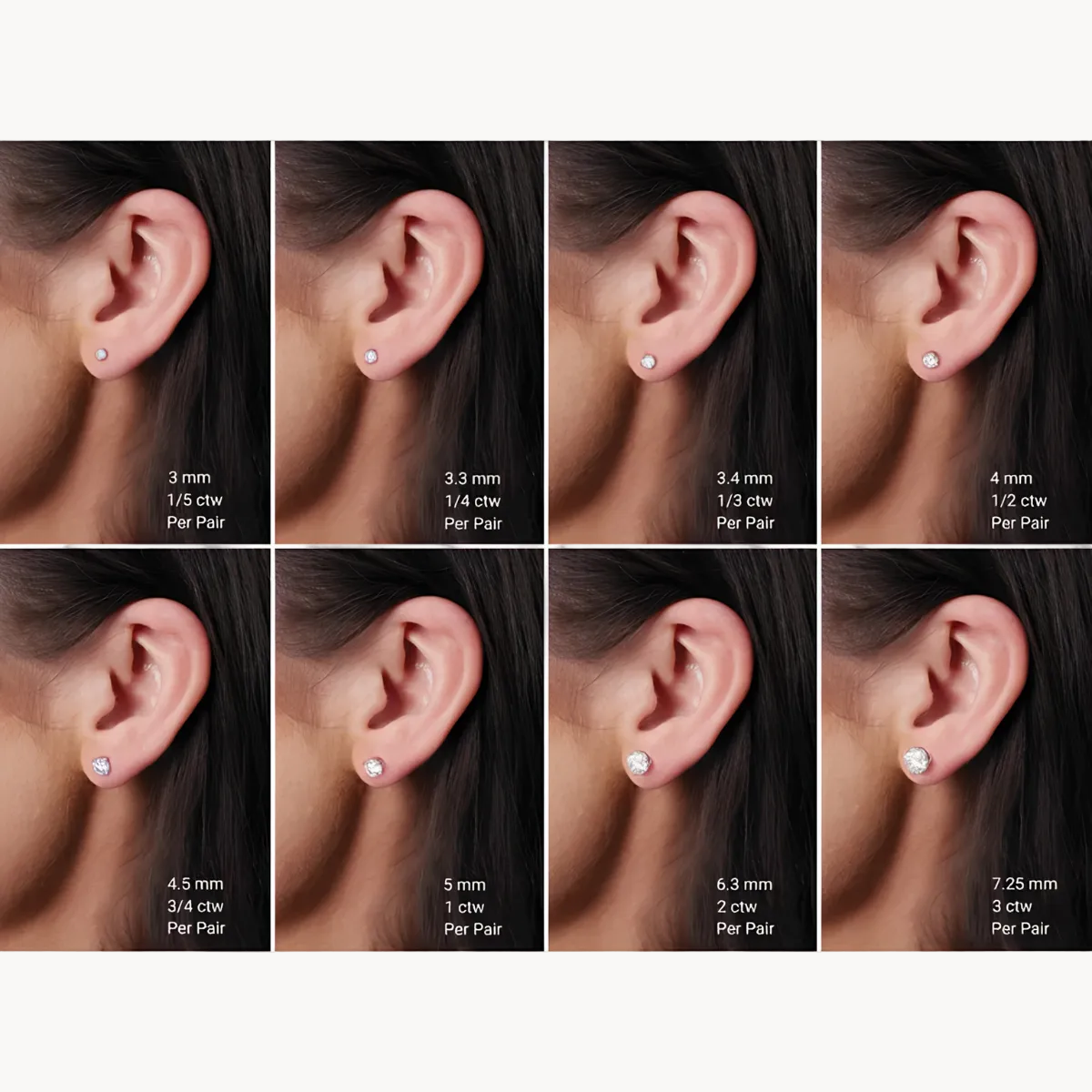 An 8-by-4 grid showing close-up views of a human ear wearing small stud earrings at different millimeter sizes, with text labels indicating size and carat weight per pair. Because a real body part is present, this falls under Lifestyle rather than Product/Packaging, even though the focus is clearly the earrings.