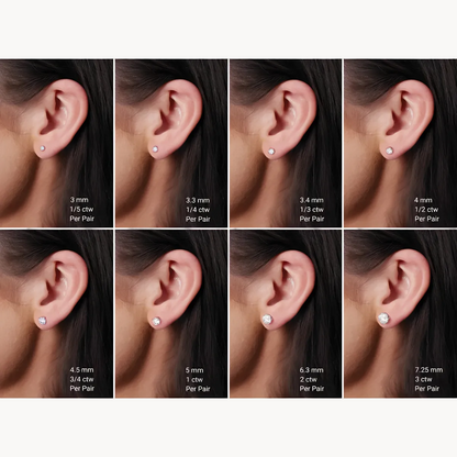 An 8-by-4 grid showing close-up views of a human ear wearing small stud earrings at different millimeter sizes, with text labels indicating size and carat weight per pair. Because a real body part is present, this falls under Lifestyle rather than Product/Packaging, even though the focus is clearly the earrings.
