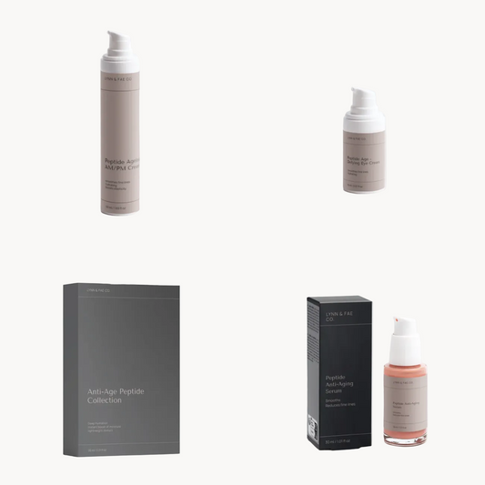 Four skincare products from Lomra Fair 3D arranged in a 2x2 grid on a light gray background: a tall beige pump bottle, a smaller beige pump bottle, a dark gray rectangular box labeled Anti-Age Peptide Collection, and a black box beside a peach-colored serum bottle.