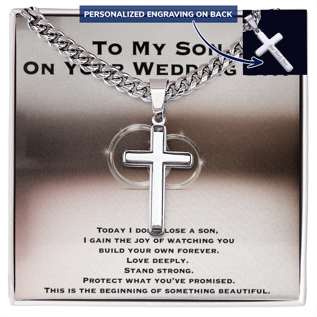 Wedding Gift For Son - Personalized Cross with Cuban Link Chain