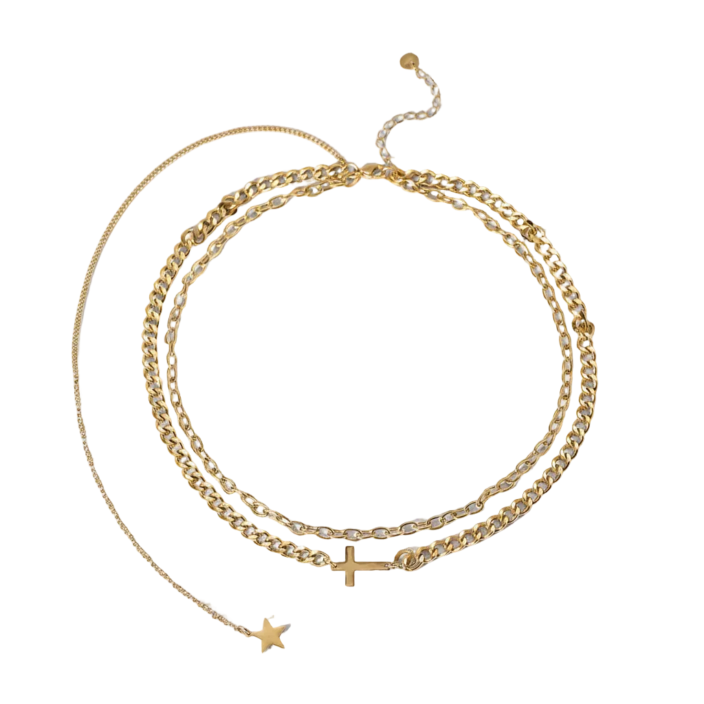 Three gold necklaces with star and cross pendants on a light gray background