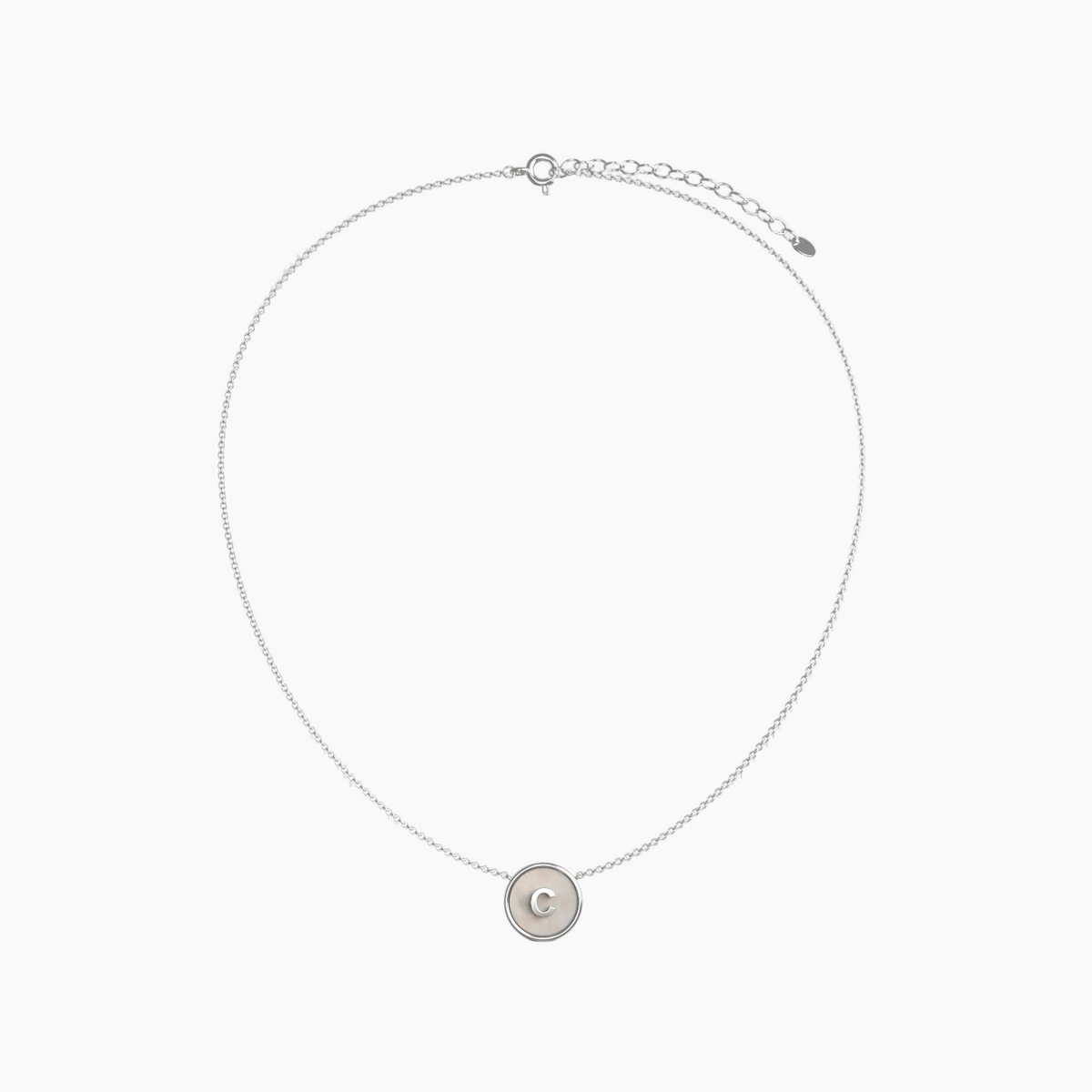 Silver plated custom necklace with a round pendant on a white background