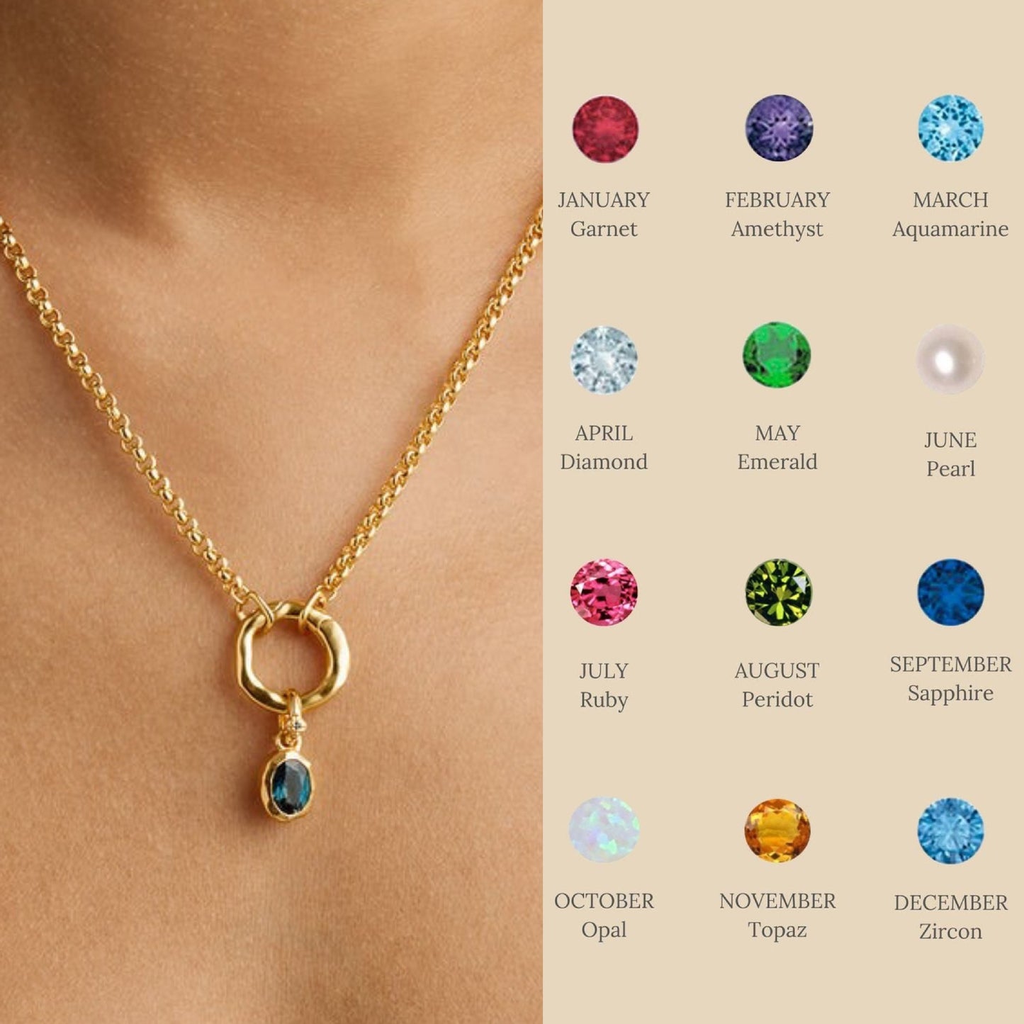 Gold geometric oval inlaid birthstone gemstone necklace